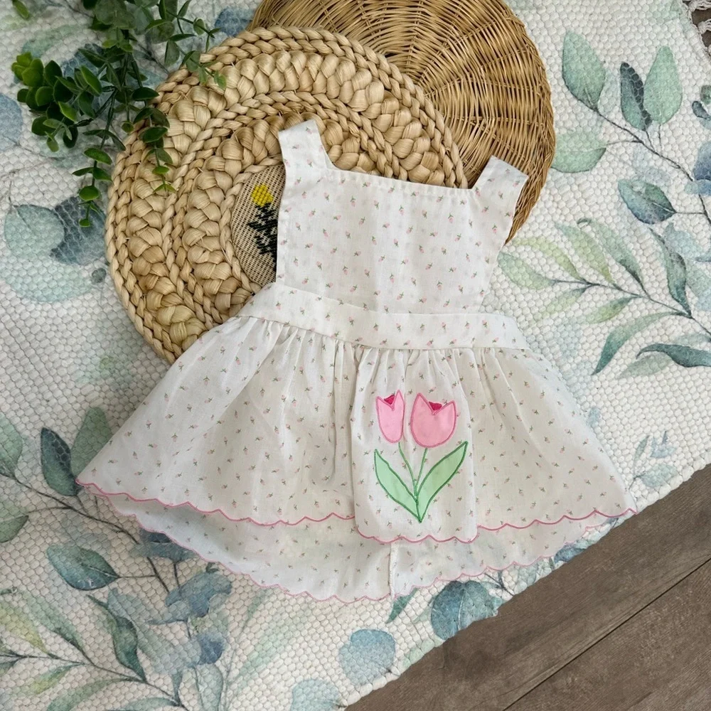 Vintage Baby Girl Delicate White Pink Tulip Floral Jumper Dress Size 9 Months